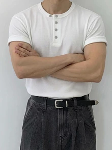 DAZY 男士黑色短袖圓領半開襟T恤 - 白色 - 查看 1