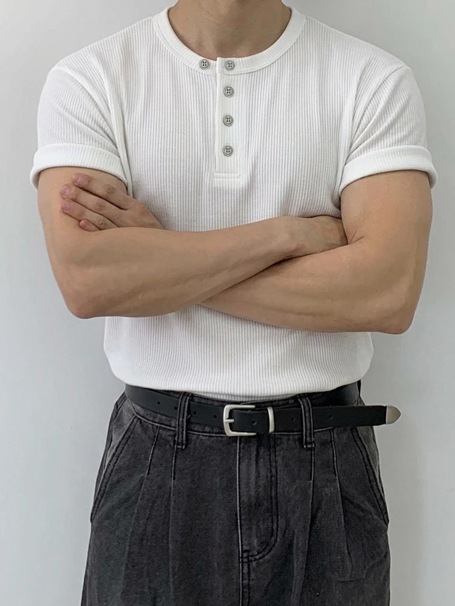 DAZY 男士黑色短袖圓領半開襟T恤 - 白色 - 查看 1