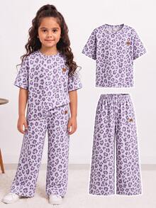 SHEIN Kids Young Girls T-Shirt Co-Ords - Purple - View 1