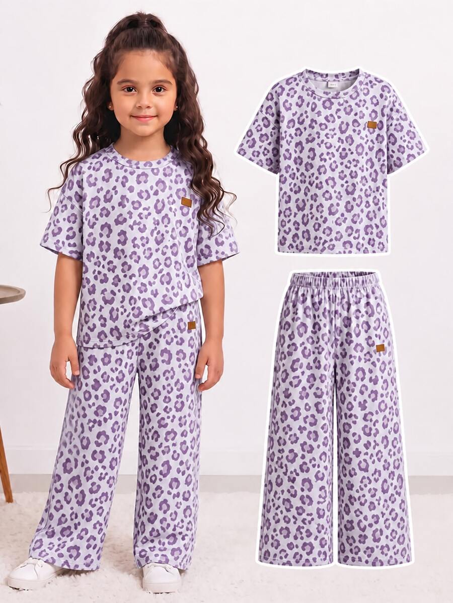 SHEIN Kids Young Girls T-Shirt Co-Ords - Purple - View 1