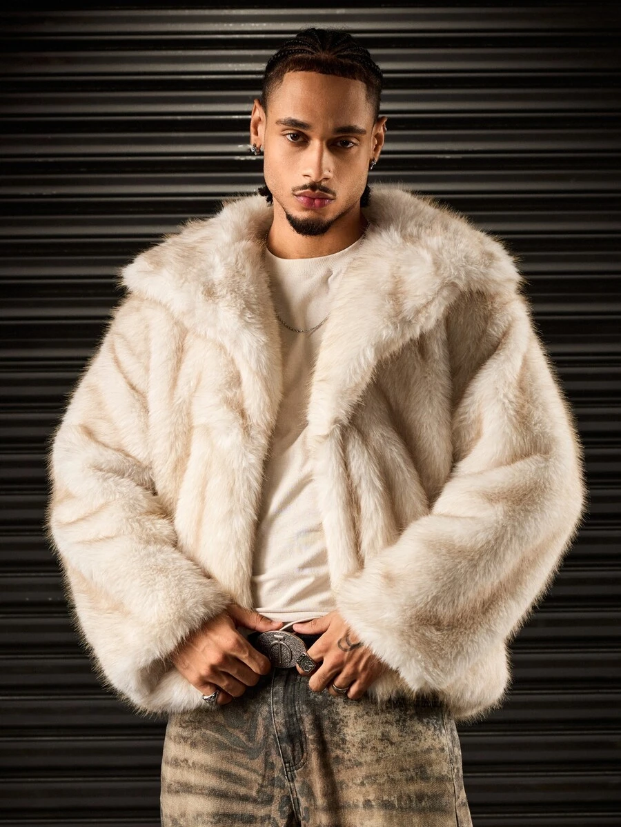 ROMWE MEN Apricot Color Oversized Lapel Long Fur Coat - Apricot - View 1
