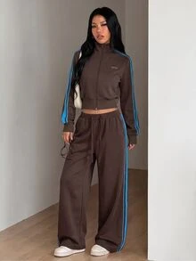 SHEIN ICON 女款時尚休閒寬鬆寬腿褲，側邊條紋裝飾 - 棕色 - 查看 3
