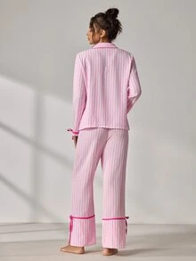 EverLounge Women's Pink & White Vertical Striped Bowknot Long Sleeve Single-Breasted Top And Elastic Waist Long Pants Pajama Set - Pink - View 3