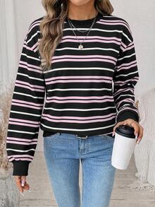 SHEIN LUNE Social Clothing 女款復古圓領撞色橫條紋休閒時尚寬鬆百搭長袖衛衣 - 彩色 - 查看 4