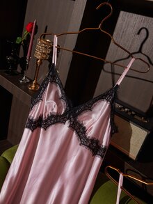 SilkySpell 3pcs Contrast Lace Satin Pajama Set - Dusty Pink - View 7