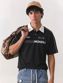 NORVETH 男士夏季休閒標準尺寸短袖 POLO 衫 藍色與白色拼色刺繡 - 黑色 - 查看 4