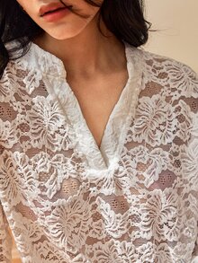 SHEIN Casual Daily Commute V-Neck Hollow Lace Ruffle Bell Sleeve Women's Blouse - Apricot - View 6
