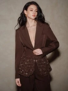 Anewsta Women's New Vintage Elegant Party Evening Heavy Embroidery Hollow Out Long Sleeve Rhinestone Bling Blazer - Brown - View 3