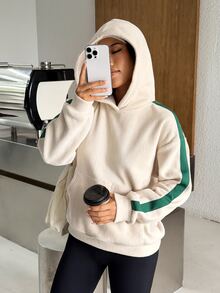 Muchica Sweatshirt Olahraga Wanita Motif Garis-Garis Blok Warna, Berkerudung, dengan Kantong, Potongan Longgar, Sweatshirt Gym, Atasan Olahraga, Pakaian Aktif, Fashion Kasual Nyaman untuk Musim Gugur dan Musim Dingin - Aprikot - View 6
