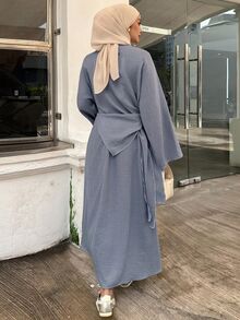 DAZY Women's Solid Color Round Neck Long Sleeve Side Knot Blouse And Skirt Casual 2 Pieces Set - Blue - View 2