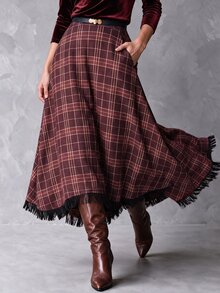 Solivie Women's Autumn Navy Blue Plaid Asymmetrical Hem Skirt - Coffee Brown - View 3