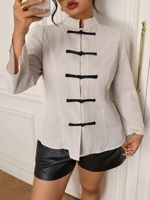 EastFlair Plus Size Women's Elegant Striped Long Sleeve Shirt With Frog Button Design - Apricot - View 5