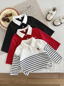 SHEIN 3件組男嬰 Polo 領長袖上衣套裝，騎士與恐龍圖案 - 彩色 - 查看 3