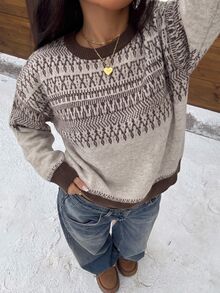 Comfortcana Sweater Kasual Serbaguna Lengan Panjang Bergaris Kerah Bulat untuk Wanita - Aprikot - View 6