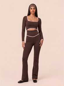 SHEIN BAE Women's Square Neck Trim Waist Cutout Long Sleeve Sports Jumpsuit - Coffee Brown - View 4