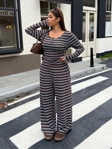 Muchica Plus Size Women's Button Design Striped Long Sleeve T-Shirt And Wide Leg Pants Casual 2 Pieces Set - Multicolor - View 5