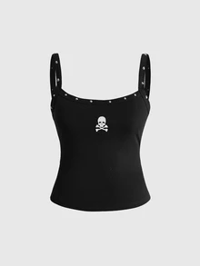 ROMWE Grunge Punk Metal Rivet Skull Embroidery Fitted Versatile Casual Dark Punk Plus Size Camisole And Tank Top - Black - View 1