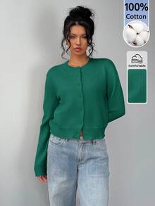 SHEIN BASICS 女款純色圓領單排扣休閒日常百搭長袖開襟衫 - 墨綠色 - 查看 3
