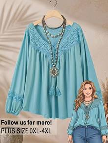 Rusticease Women's Plus Size Vacation Casual Boho Lace Hollow Patchwork Long Sleeve T-Shirt High Tea Vacation Light Blue Fall Beach Going Out - Blue - View 1