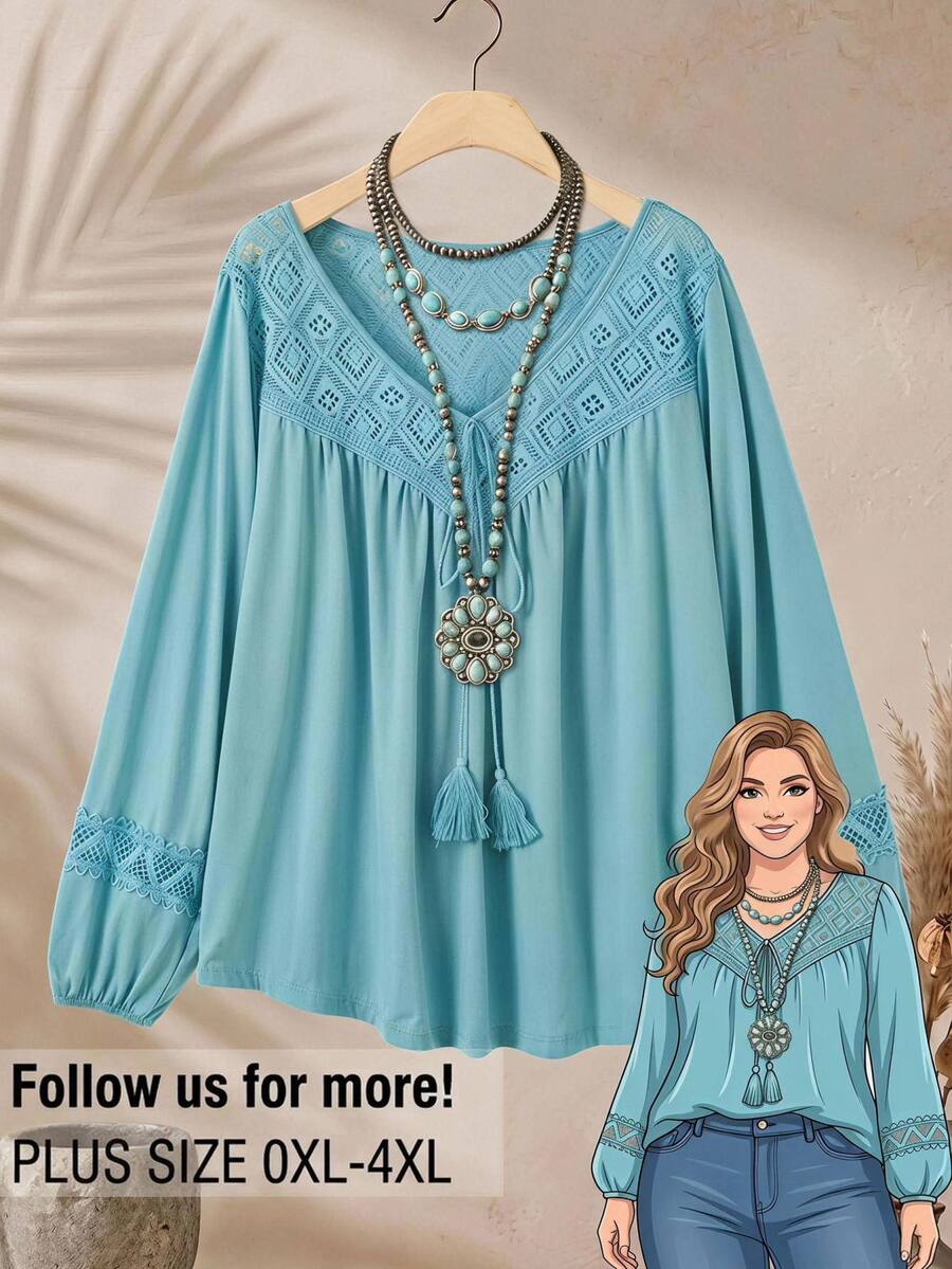 Rusticease Women's Plus Size Vacation Casual Boho Lace Hollow Patchwork Long Sleeve T-Shirt High Tea Vacation Light Blue Fall Beach Going Out - Blue - View 1