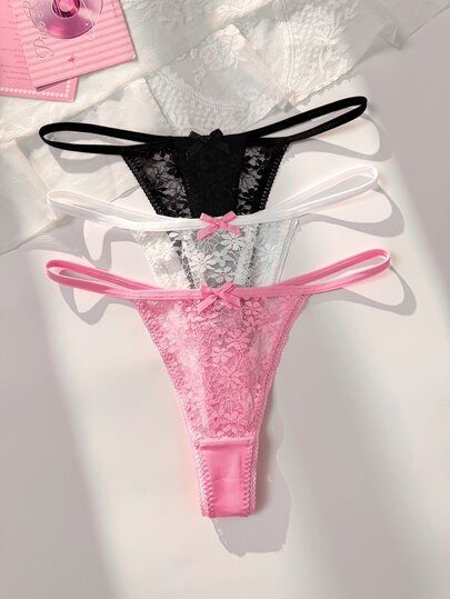 PetitDoll 3pcs Women's Front Bow Lace Patchwork Floral Pattern Thong