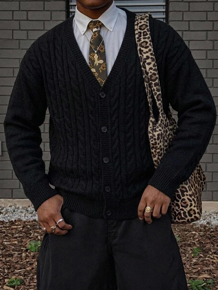 NEOSTRIT 男士麻花編織長袖單排扣休閒開襟衫 節慶男孩款 秋冬日常新款 - 黑色 - 查看 1