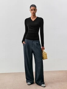 ATUI Studio Women's New Wrap V-Neck Slim Fit Ribbed Knit Long Sleeve Ruched Waist Cropped Wool Sweater, All Seasons - Black - View 8
