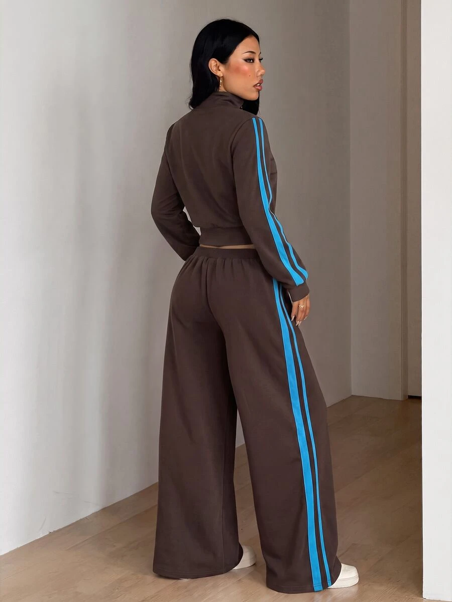 SHEIN ICON 女款時尚休閒寬鬆寬腿褲,側邊條紋裝飾 - 棕色 - 查看 1