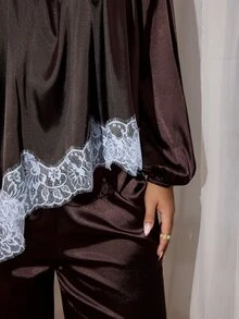 Rustia Plus Contrast Lace Lantern Sleeve Satin Top & Pants Set Fall - Brown - View 6