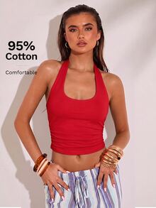 SHEIN BAE 女款純色掛脖時尚休閒短版背心 - 紅色 - 查看 6