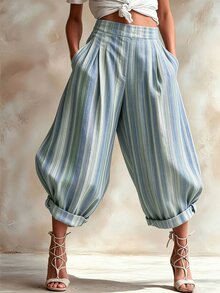 SHEIN 女款復古粉色條紋波希米亞風寬腿褲，休閒長褲，適合度假、日常通勤與派對 - 彩色 - 查看 1