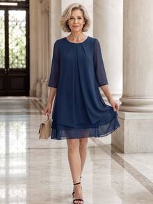 EMERY ROSE Middle-Aged Women Solid Color Round Neck Pleated Design Multi-Layer Ruffle Hem Casual Loose Fit Dress - Navy Blue - View 3