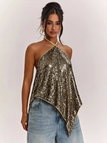 SHEIN BAE 女款香檳色亮片細肩帶露背不對稱下擺性感風背心上衣 - 香檳色 - 查看 4