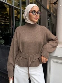DAZY Women's Solid Color Sweater With Belt, Urban Renaissance Street Style, Casual Fashion, Creative Personalized Streetwear - Khaki - View 6