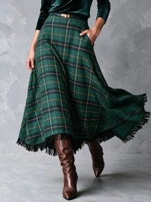 Solivie Women's Autumn Navy Blue Plaid Asymmetrical Hem Skirt - Green - View 5