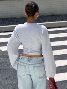 SHEIN Teen Girls Fall Knit Long Sleeve T-Shirt, Gray Crew Neck Loose Fit Casual Top For Daily School Wear, Soft, Ribbed, College, All-Match, Simple, Comfortable - Grey - View 2