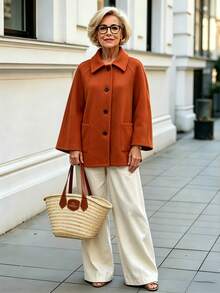 Offisola Women's Autumn/Winter Versatile Solid Color Elegant Vintage Noble Loose Casual Daily Commute Party Jacket - Rust Brown - View 1