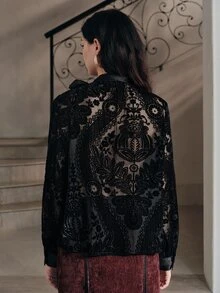Anewsta Modern Retro Style Lantern Sleeve Random Floral Print Collar Silk Bow Design Fabric Women's Blouse - Black - View 7