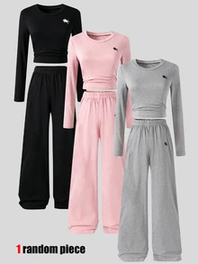 SHEIN 青少年女孩 2 件式休閒寬鬆可愛 T 恤套裝：純色長袖圓領修身上衣搭配寬腿褲，日常春季灰色 - 灰色 - 查看 8