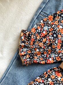 SHEIN Vintaside Kids 2pcs Toddler Baby Girl Peplum Top Flare Pants Set Cute Sweet Brown Blue Ribbed Floral Ruffle Fringed Long Sleeve Round Neck Holiday Fall - Brown - View 6