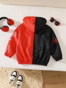 SHEIN Young Boy Casual Street Style Spider Web Spider Print Hooded Open Front Long Sleeve Jacket, Red And Black, Suitable For Commuting, School, Outings, Sports, Spring, Summer, Autumn, Winter, Halloween - Multicolor - View 2