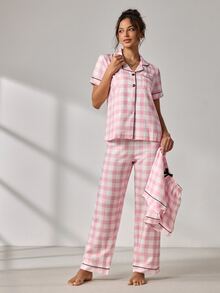 EverLounge Cute Bowknot Plaid Pajama 3 Pieces Set - Multicolor - View 5