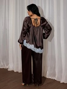 Rustia Plus Contrast Lace Lantern Sleeve Satin Top & Pants Set Fall - Brown - View 2