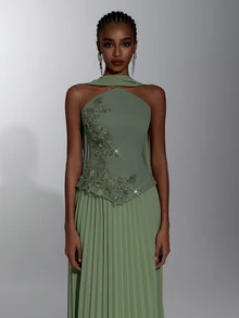 Elitara Elegant Army Green Knit Chiffon 2 In 1 Bandeau A-Line Pleated Dress With Flutter Sleeves For Women's Formal Evening Party - Army Green - View 2