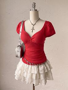Attitoon Women's Solid Color Pleated Short Sleeve Button Waist Cinched Casual T-Shirt - Red - View 5