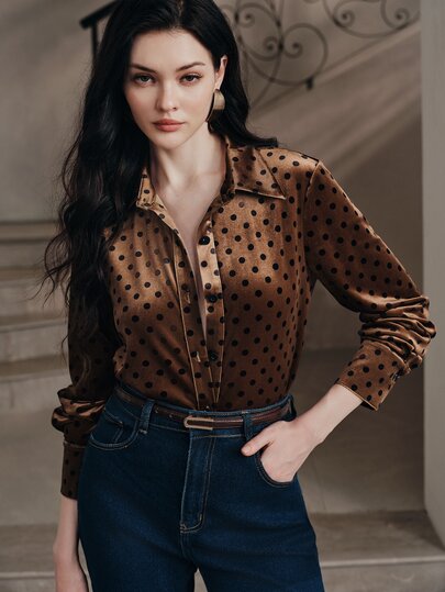 Anewsta Women's Autumn/Winter French Elegant Suede-Like Silky Skin-Friendly Fashion Black Polka Dot Vintage Lapel Long Sleeve Blouse