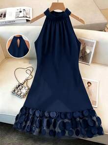 GlowEve CURVE Plus Size Elegant Patchwork 3D Mesh Dress - Navy Blue - View 3