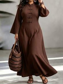 Weeklong Plus Size Frog Button Stand Collar Pleated Maxi Dress, Casual Elegant Long Dress - Brown - View 7