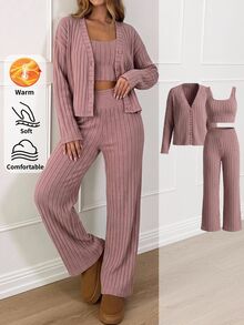 SHEIN BASICS Women's Solid Color Dropped Shoulder Long Sleeve Open Front Top, Cropped Tank Top And Long Pants Casual Set - Coral Orange - View 5