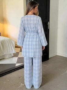 DAZY 3pcs/Set Women's Lace Patchwork Plaid Long Cardigan Robe & Straight Leg Long Pajama Pants Sleepwear Set - Blue - View 2